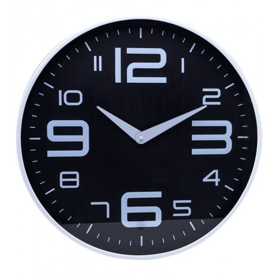 Relógio 30X4,3cm De Parede Em Plástico Preto Com Branco